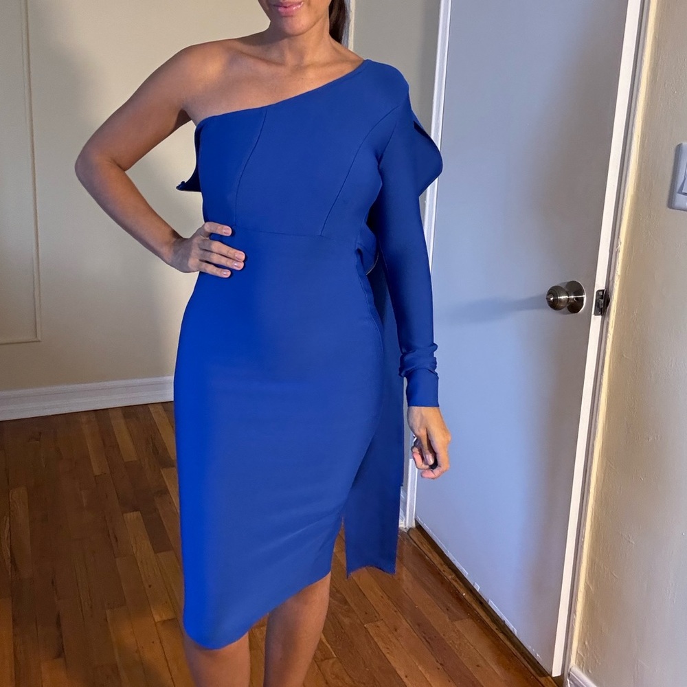 Blue dress with bow on shoulder